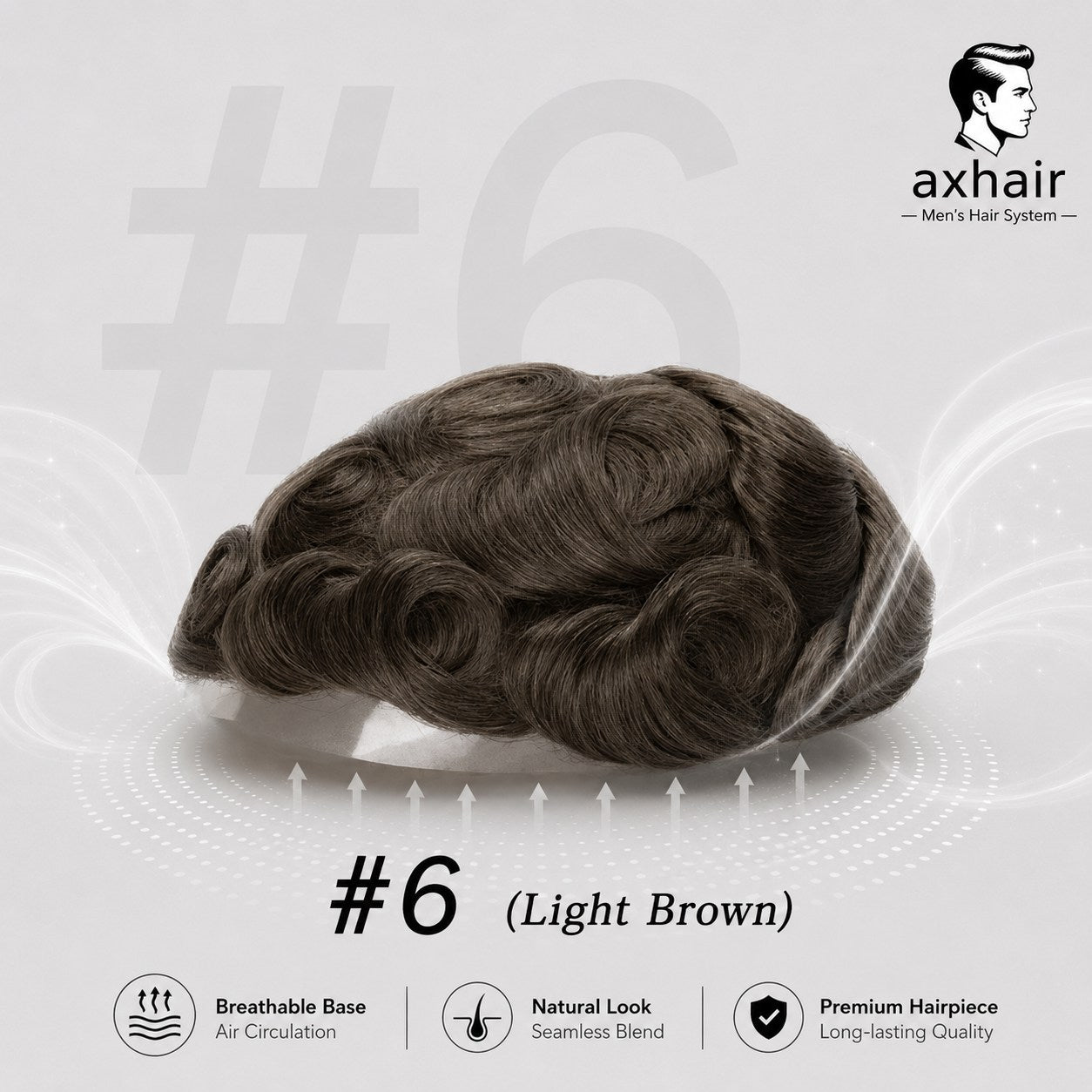 Full toupee with light brown wavy hair, #6, rounded top